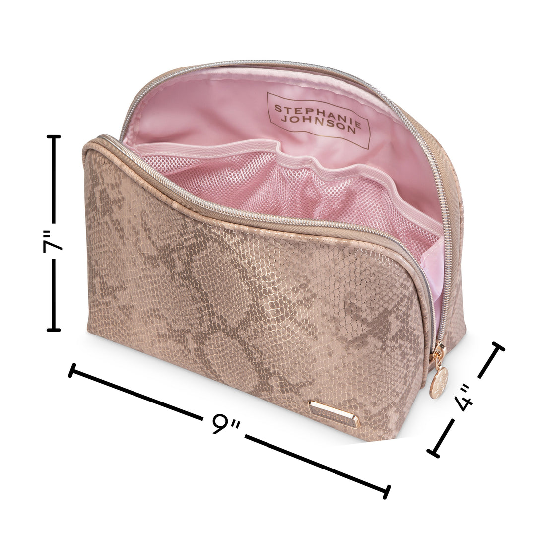 Lola Makeup Bag in Phinda metallic snake print, open to show a pink lining and mesh pockets. Measures 9 inches wide, 7 inches tall, and 4 inches deep.